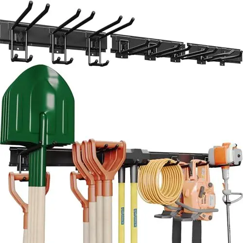 Produktbild: BONTEC Wandmontierter Werkzeughalter, 294kg Tragfähigkeit, 3 Rail Panels, Verstellbare Garage Wandregale mit 8 Haken, Gartenwerkzeug Aufbewahrung, Werkstatt Organizer,Stabil und Rostbeständig,Schwarz