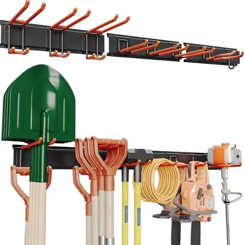 Produktbild: BONTEC Wandmontierter Werkzeughalter, 336 kg Tragfähigkeit, 3 Rail Panels, Verstellbare Garage Wandregale mit 8 Haken, Besenhalter, Gartengeräte Aufbewahrung, Stabil und Rostbeständig, Orange