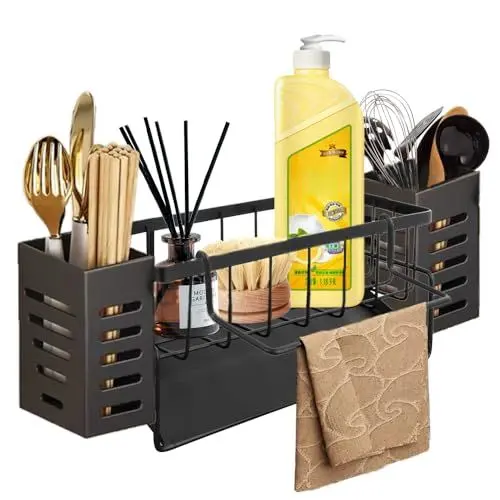 Produktbild: BonTiady spülbecken organizer, küchen organizer spüle, mit selbstablaufendem Ablagefach, mit Handtuchhalter und Aufbewahrungsbox für Spülbürsten, Organiser für Küche und Bad(schwarz)