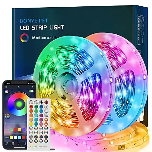 Produktbild: Bonve Pet LED Strip 10M,Bluetooth RGB LED Streifen,Farbwechsel LED Lichterkette 10M mit Fernbedienung und App,Led Leiste Musik Sync,Timer-Einstellung,LED Band für Gaming Zimmer, Room, Küche,Party