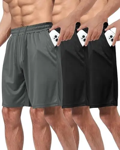 Produktbild: BOOJO 3er Pack Sporthose Herren Kurz Hosen mit Taschen Sport Shorts Schnell Trocknend Trainingshose für Gym Fitness(Schwarz*2/Dunkelgrau,4XL)