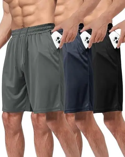 Produktbild: BOOJO 3er Pack Sporthose Herren Kurz Hosen mit Taschen Sport Shorts Schnell Trocknend Trainingshose für Gym Fitness(Schwarz/Dunkelgrau/Dunkelblau,4XL)