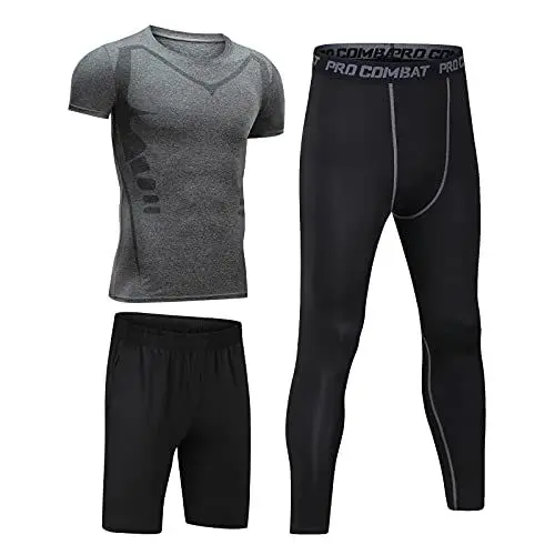 Produktbild: BOOMCOOL Kompressionsanzug Herrenanzug Trainingsanzug 3-teiliges Set atmungsaktives Deo Sportswear Laufanzug Kurzarmhemd Halbhose Strumpfhose schweißabsorbierend und schnelltrocknend Schwarz L