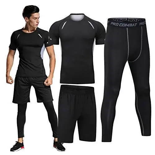 Produktbild: BOOMCOOL Kompressionsanzug Herrenanzug Trainingsanzug 3-teiliges Set atmungsaktives Deo Sportswear Laufanzug Kurzarmhemd Halbhose Strumpfhose schweißabsorbierend und schnelltrocknend Schwarz XL