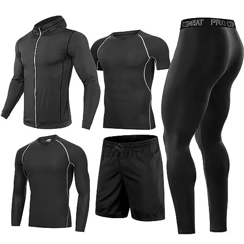 Produktbild: BOOMCOOL Männer Workout Kleidung Outfit Fitness Bekleidung Fitnessstudio Outdoor Laufen Kompressionshose Shirt Top Langarm Jacke 4PCS oder 5pcs