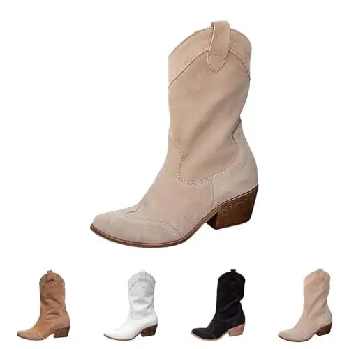 Produktbild: Black Friday Boots Damen Blau,Cowboy Stiefeletten Damen,Farbe Frauen Booties mitte Solide Retro Toe Hight Round Slip On Heels Schuhe Damenstiefel Damen Schwarz 40 Absatz,Reitstiefeletten Kinder