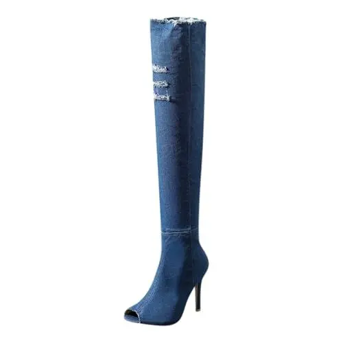 Produktbild: Boots Damen Kniehohe Stiefel Damenschuhe mit offenem Zehenbereich, schmaler High Heel, Overknee Stiefel, Lange Reitstiefeletten Damen (Light Blue, 35)