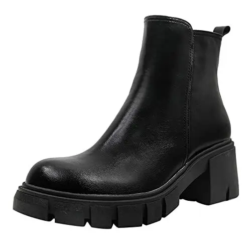 Produktbild: Boots Damen Plateau Stiefel Ohne Absatz Damen Frauen Schuhe Mode Stiefel Dicke Sohle Dicke Ferse Frauen Stiefel Atmungsaktive Mode Runde Zehe Dicke Ferse SchnüRstiefeletten Damen Stiefel (Black, 42)