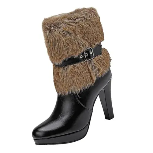 Produktbild: Boots Winterschuhe Damen Lack Stiefel Damen Autumn And Winter High Heeled Warm Low Boots Short Boots Female Cowboy KostüM Damen Glitzer Boots GummiStiefel (Black, 39)