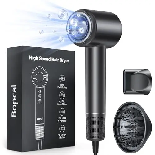 Produktbild: Bopcal Föhn mit Diffusor - Ionen Haartrockner Schnelles Trocknend 120000 U/min Bürstenloser Motor Profi Fön für Locken, Hair Dryer mit 500 Millionen Ionen, für Reisen und Zuhause,Salon, Geschenk
