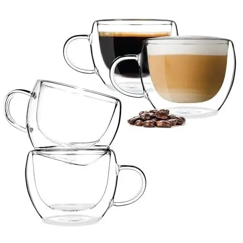 Produktbild: BOQO Glas-Kaffeetassen, doppelwandig, isolierte Trinkgläser mit Griff, perfekt für Latte, Cappuccino, Teebeutel, Getränke-Set, 4 Tassen (120 ml Wassergläser)