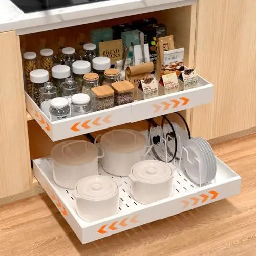 Produktbild: BORISI 1 Stück Teleskopschublade Ausziehbare Schublade Küche - Schubladen Organizer Ohne Bohren, Breite Verstellbar 43-68 cm, Mit Teiler, Weiß