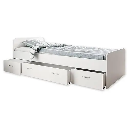 Produktbild: Boro Modernes Einzelbett mit 3X Schubkästen 90 x 200 cm - Praktisches Jugendzimmer Kojenbett in Weiß - 95 x 66 x 204 cm (B/H/T)