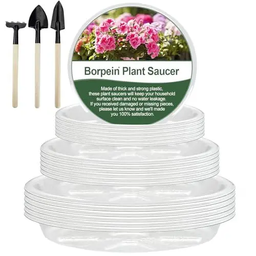 Produktbild: BORPEIN Pflanzen Untersetzer (17, 21, 26cm 18Pack)Blumentöpfe Untersetzer dicker klarer Kunststoff Pflanzenschalen für Töpfe drinnen draußen langlebig Blumentopf Basis Pflanze Platte zu fangen Wasser