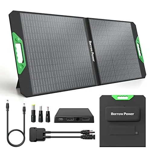 Produktbild: Borrow Power 40-200W Solarpanel-Set, 18V Tragbares, Faltbares Ladegerät mit MC4, USB + DC, Hohe Umwandlungsrate für Zuhause, Wohnmobil, Camping, Powerbank (Faltbar 100W)