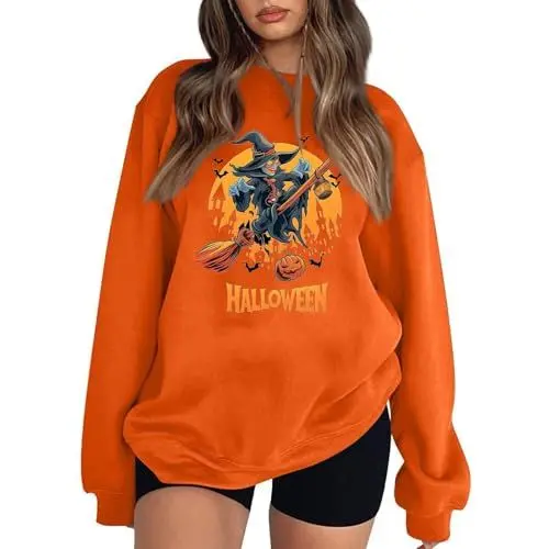 Produktbild: BORTGYUI Halloween KostüM Damen Pullover Sweatshirt Kürbisse und Geister Drucken Langarm Rundhals Pulli Ohne Kapuze Halloween Druck Karneval Festival Horror Festlich Locker Oberteil S 04-Safran