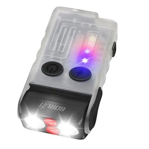Produktbild: BORUIT V20 Taschenlampe LED Aufladbar 1000LM mit Rotes und Blaues Warmes Licht, 180° Drehbar, 110 dB-Summer Mini Taschenlampen, 13 Modi IP67 Wasserdicht Klein Flashlight