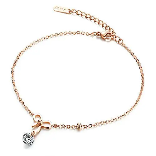 Produktbild: BoSa - Fußkettchen aus rosévergoldetem Edelstahl, Anhänger aus weißen Zirkonia, 25 cm lang, nickelfrei, Edelstahl Zirkonium Roségold, Zirkonia