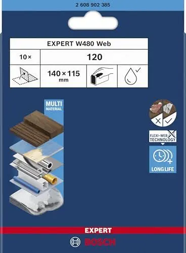 Produktbild: Bosch 10x EXPERT W480 Web 1/4 Handschleifblatt (für Hartholz, Farbe auf Holz, Ø 115x140 mm, Körnung 120, Professional Zubehör Handschleifen)