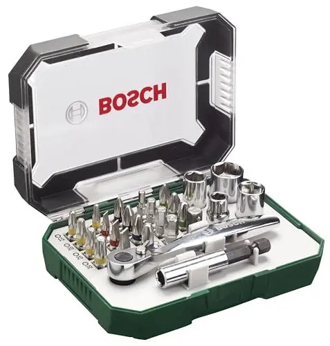 Produktbild: Bosch 26tlg. Schrauberbit- und Ratschen-Set (Extra harte Qualität, mit Adapter, Universalhalter, Zubehör Bohrschrauber und Schraubendreher)