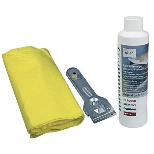 Produktbild: Bosch 311502 00311502 Clean Pflegeset ORIGINAL Reinigungset Glaskeramik- Induktions-Kochfelder Edelstahl-Gasmulden auch Siemens Neff Constructa Balay 311299 00311299 / Glaskeramikreiniger 311499 00311499 Metallschaber 087670 00087670 Reinigungstuch