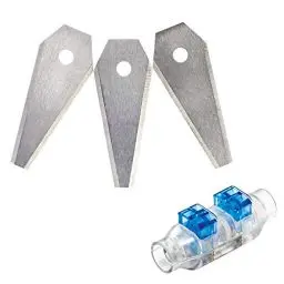 Produktbild: Bosch 3-tlg. Set Rasenmäher Messer (für Mähroboter Indego, Cutting blades 3x, im Karton) + Bosch 4 tlg. Kabelstecker (für Indego Rasenmäher)