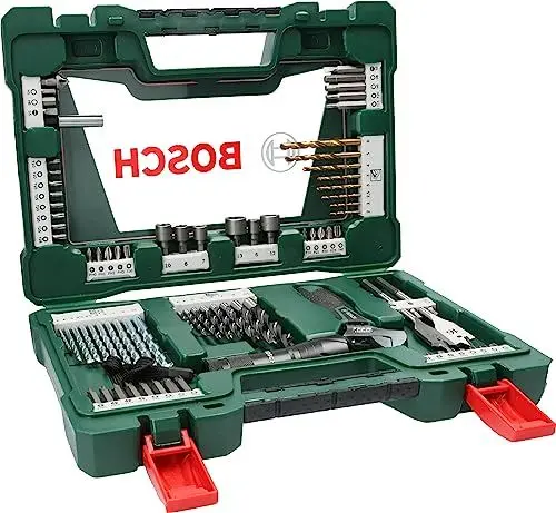 Produktbild: Bosch 83tlg. V-Line Titanium Bohrer und Bit Set (mit LED-Taschenlampe und Rollgabelschlüssel, für Holz, Stein und Metall, Zubehör Bohr- und Schraubwerkzeuge)