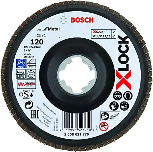 Produktbild: Bosch 1x PRO Metal X571 Fächerschleifscheibe, abgewinkelte Ausführung für X-Lock (für Stahl, Edelstahl, Ø 125 mm, Körnung 120, Professional Zubehör Kleiner Winkelschleifer)
