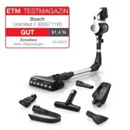 Produktbild: Bosch Akku-Staubsauger Unlimited 7 BSS711W, kabelloser Handstaubsauger, beutellos, Wechselakku, Knickrohr, Hygiene-Filter, 10 Jahre Motorgarantie, XXL-Polsterdüse, LED-Beleuchtung, Turbostufe, weiß