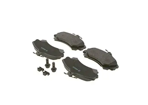 Produktbild: Bosch BP182 - Auto Bremsbeläge vorne - Bosch-Qualität - für leises Bremsen mit wenig Staub - ECE-R90 zertifiziert - kupferfrei - 1 Set mit 4 Bremsbelägen - mit Zubehör