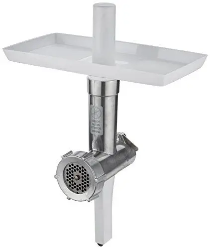 Produktbild: Bosch Fleischwolf MUZ6FW4, Fleischwolf-Aufsatz, Stopfer, Edelstahl Loch-Scheibe 4,5 mm, auch für Fisch und Gemüse, robust, passend für MUM6 Küchenmaschine, Weiß