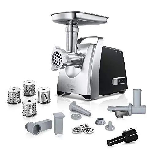 Produktbild: Bosch Fleischwolf MFW68660, Wurstausfatz, Reibe mit 4 Raspeln, 3 Edelstahl Lochscheiben (3, 4,8, 8mm), 2200 W Blockierleistung, 880 W, silber