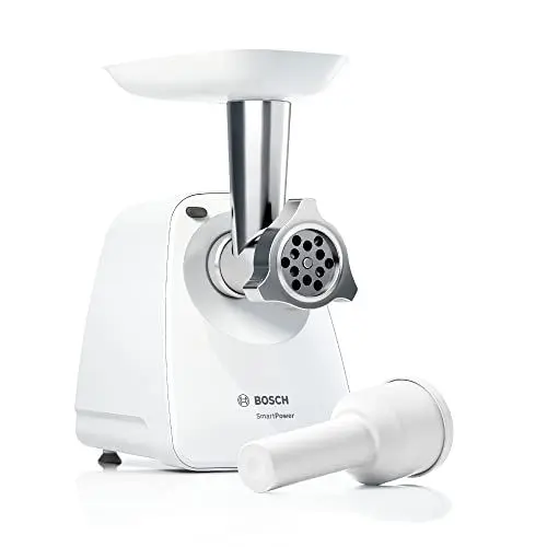 Produktbild: Bosch Fleischwolf SmartPower MFW2500W, elektrisch, klein, kompakt, einstufig, leistungsstark, 1 Edelstahl-Loch-Scheibe 3,8mm, Sicherheits-Schnell-Kupplung, 1500 W Blockierleistung, 350 W, weiß