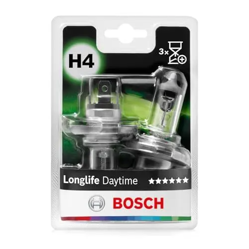 Produktbild: Bosch H4 Longlife Daytime Halogen-Glühlampe für Auto-Scheinwerfer, 12 V 60/55 W, mit langer Lebensdauer - Lampensockel Typ P43t - 2er-Pack Ersatz-Scheinwerferlampen