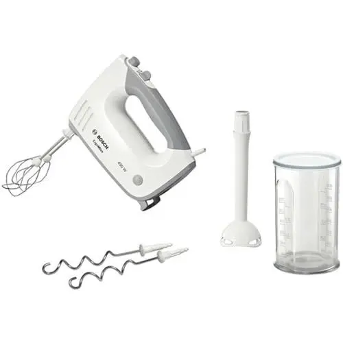 Produktbild: Bosch Handrührer ErgoMixx MFQ36440, 2 Rührbesen, 2 Edelstahl-Knethaken, Pürierstab, Becher, spülmaschinengeeignet, 5 Stufen plus Turbostufe, 450 W, weiß