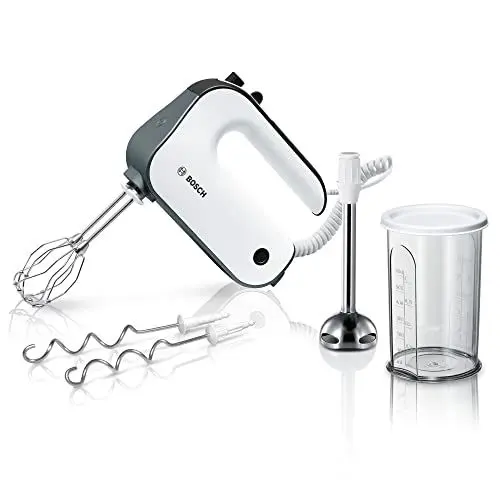 Produktbild: Bosch Handrührer Styline MFQ49700, 5 Stufen, 2 Edelstahl Rührbesen- und Knethaken, Spiralkabel, Mixstab Edelstahl, 850 W, weiß/dark silver
