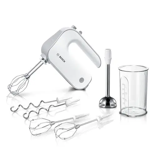 Produktbild: Bosch Handrührer Styline MFQ4075DE, 2 Rührbesen, 2 Edelstahl-Knethaken, spülmaschinengeeignet, Pürierstab, Mixbecher, 5 Stufen plus Turbostufe, 550 W, weiß/silber