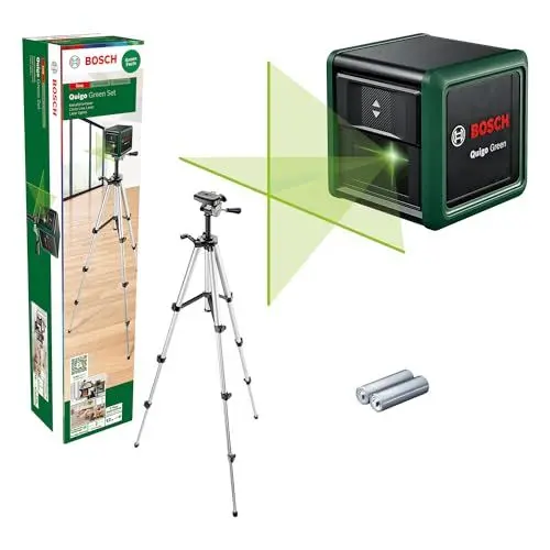 Produktbild: Bosch Home and Garden Kreuzlinienlaser Quigo Green mit Stativ (grüner Laser für bessere Sichtbarkeit, Gehäuse aus recyceltem Kunststoff, im Karton)