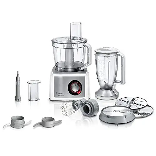 Produktbild: Bosch Kompakt-Küchenmaschine MultiTalent 8 MC812S814, 45 Funktionen, XXL-Rührschüssel 3,9 L, Mixer 1,5 L, Universalmesser, Rührbesen, schneiden und raspeln (fein,grob), 1250 W, weiß/edelstahl