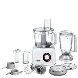 Produktbild: Bosch Kompakt-Küchenmaschine MultiTalent 8 MC812W501, XXL-Rührschüssel 3,9 L, Mixer 1,5 L, Universalmesser, Reibscheibe, Schneid-Raspel-Wendescheibe, Kartoffelpuffer-Scheibe, 1000 W, weiß