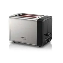 Produktbild: Bosch Kompakt Toaster DesignLine TAT4P420DE, integrierter Edelstahl-Brötchenaufsatz, mit Abschaltautomatik, mit Auftaufunktion, perfekt für 2 Scheiben Toast, Liftfunktion, 970 W, Edelstahl/schwarz