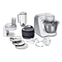 Produktbild: Bosch Küchenmaschine MUM5 CreationLine MUM58W20, Edelstahl-Schüssel 3,9 L, Mixer 1,25 L, Planetenrührwerk, Knethaken, Schlag- und Rührbesen Edelstahl, Durchlaufschnitzler, 3 Scheiben, 1000 W, weiß