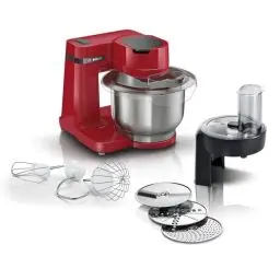 Produktbild: Bosch Küchenmaschine Serie 2 MUMS2ER01, Edelstahl-Schüssel 3,8 L, Planetenrührwerk, Knethaken, Schlag-, Rührbesen Edelstahl, Durchlaufschnitzler, 3 Scheiben, 700W, rot