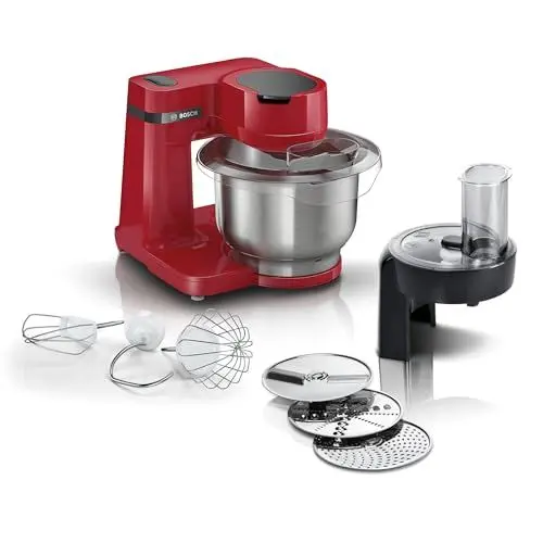 Produktbild: Bosch Küchenmaschine Serie 2 MUMS2ER01, Edelstahl-Schüssel 3,8 L, Planetenrührwerk, Knethaken, Schlag-, Rührbesen Edelstahl, Durchlaufschnitzler, 3 Scheiben, 700W, rot