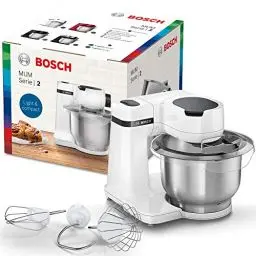 Produktbild: Bosch Küchenmaschine MUM Serie 2 MUMS2EW00, Edelstahl-Schüssel 3,8 L, Planetenrührwerk, Knethaken, Schlag-, Rührbesen Edelstahl, 4 Arbeitsstufen, durch optionales Zubehör erweiterbar, 700 W, weiß
