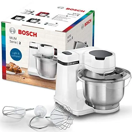 Produktbild: Bosch Küchenmaschine MUM Serie 2 MUMS2EW00, Edelstahl-Schüssel 3,8 L, Planetenrührwerk, Knethaken, Schlag-, Rührbesen Edelstahl, 4 Arbeitsstufen, durch optionales Zubehör erweiterbar, 700 W, weiß