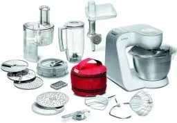 Produktbild: Bosch Küchenmaschine Serie 4 MUM54270DE, Edelstahlschüssel 3,9 L, Mixer 1,25 L, Würfelschneider, Fleischwolf, Planetenrührwerk, Knethaken, Schlag-, Rührbesen, 7 Stufen, 900 W, Weiß/Silber