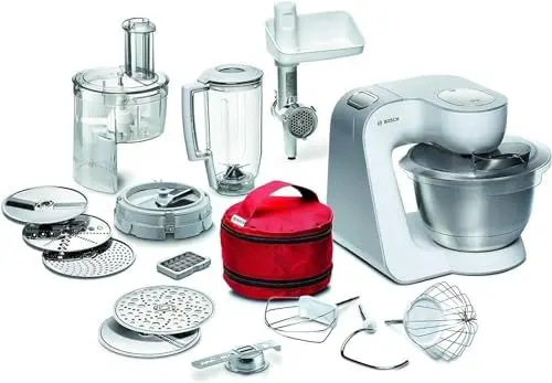 Produktbild: Bosch Küchenmaschine Serie 4 MUM54270DE, Edelstahlschüssel 3,9 L, Mixer 1,25 L, Würfelschneider, Fleischwolf, Planetenrührwerk, Knethaken, Schlag-, Rührbesen, 7 Stufen, 900 W, Weiß/Silber