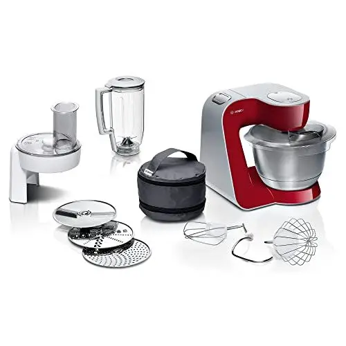 Produktbild: Bosch Küchenmaschine MUM5 CreationLine MUM58720,Edelstahl-Schüssel 3,9 L, Mixer 1,25 L, Planetenrührwerk,Knethaken,Schlag,Rührbesen, Durchlaufschnitzler, 3 Scheiben, 1000 W, Dunkelrot/Silber