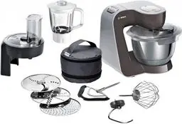 Produktbild: Bosch Küchenmaschine Serie 4 MUM58A20, Edelstahl-Schüssel 3,9 L, Glasmixer 0,8 L, Profi-Knethaken, Schnee-, Silikonbesen Edelstahl, Durchlaufschnitzler, 3 Scheiben, 1000 W, Braun-grau/Silber